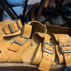 Fluevog Driven Muskoka Mustard Yellow Leather Strappy Sandals